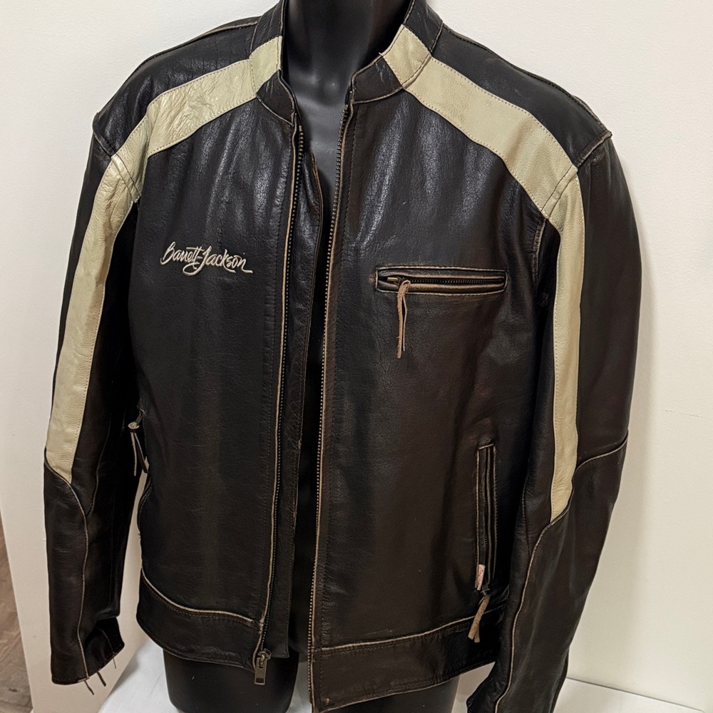 Barrett Jackson Men's Black and Cream Leather Bomber Jacket